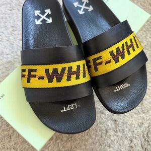 Off-White Black Slides with Yellow Strap